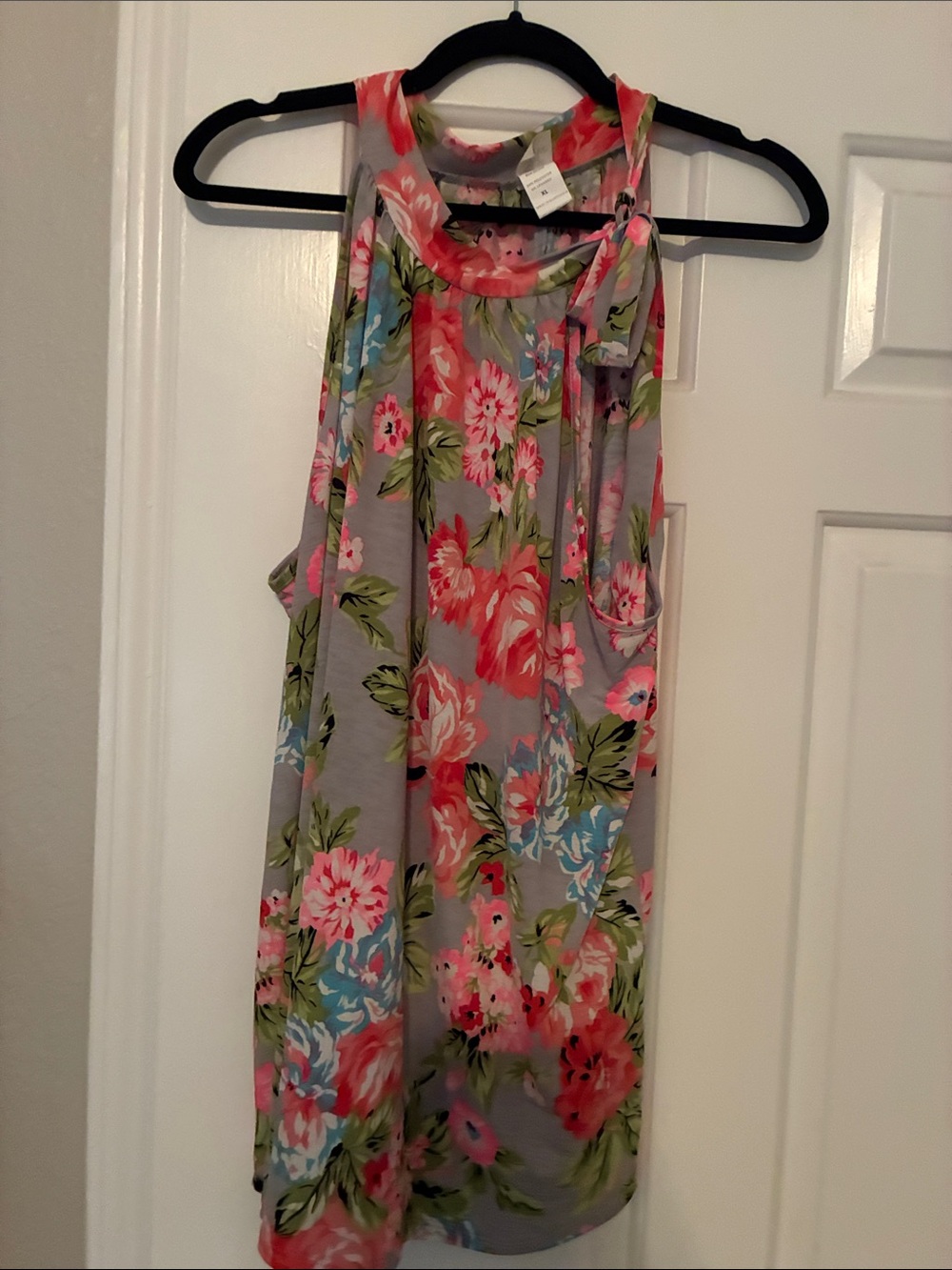Floral Halter Tank Top - Gray with Pink & Green Floral